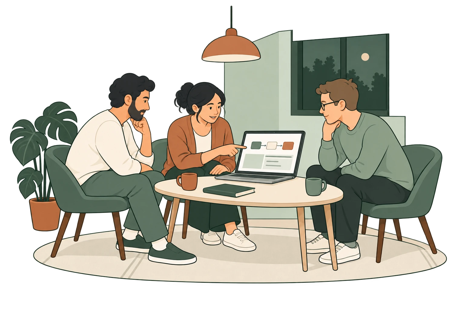 The owner and two fellow builders discuss a software workflow on a shared laptop around a table at a Build Night.