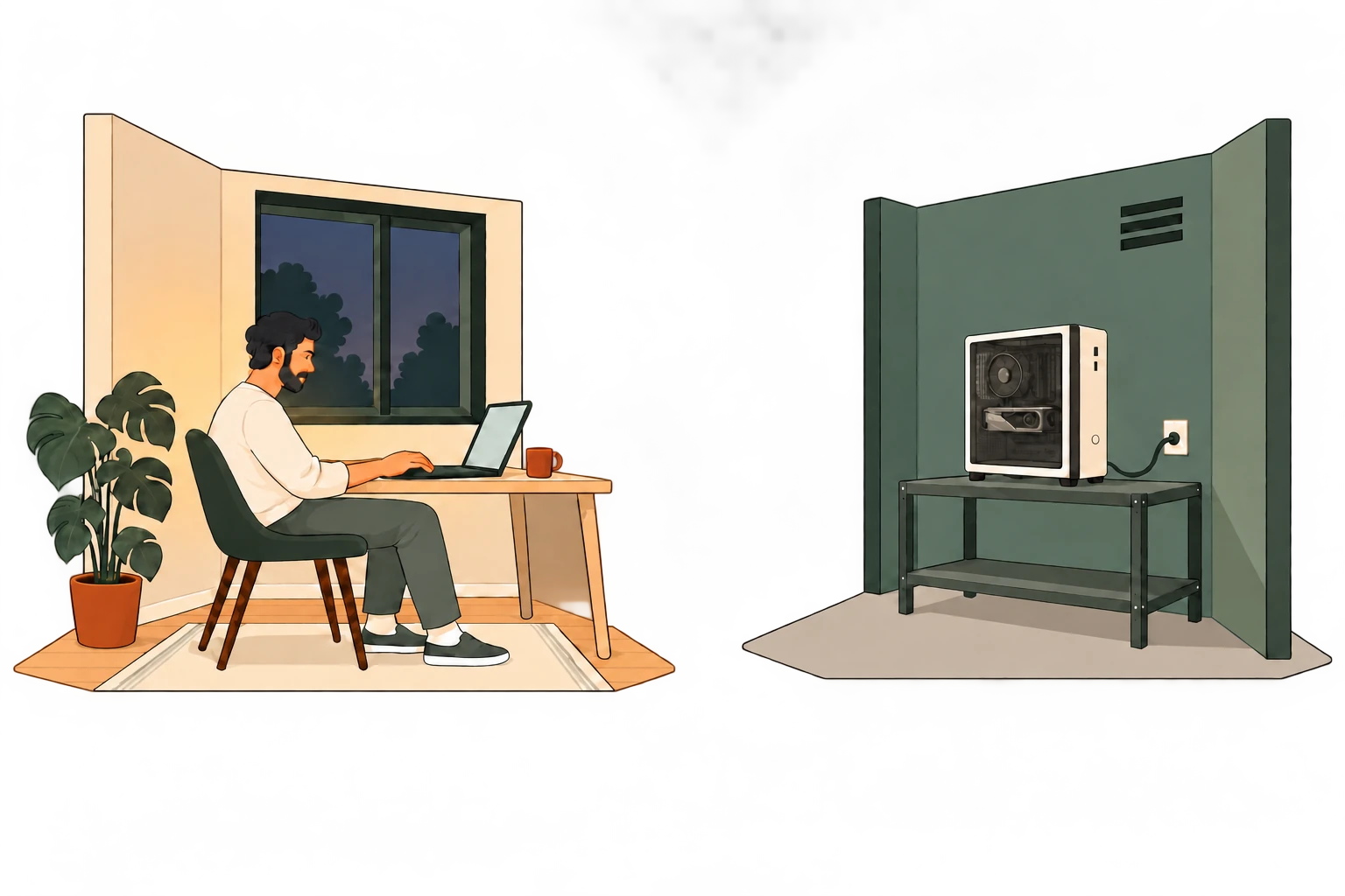 An owner working on a laptop at home in the evening, connected to their GPU workstation in a separate nearby space.