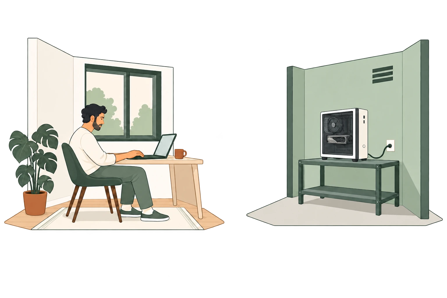 An owner working quietly on a laptop at home, connected to their own GPU workstation hosted in a separate nearby space.