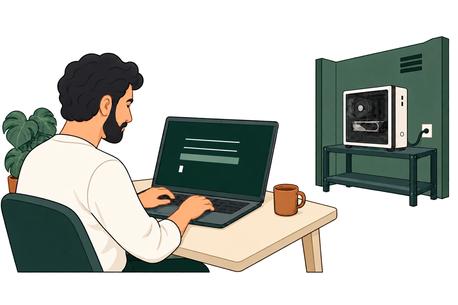 At home, the owner reaches a boot console from his laptop, connected to his workstation in a separate hosting space.