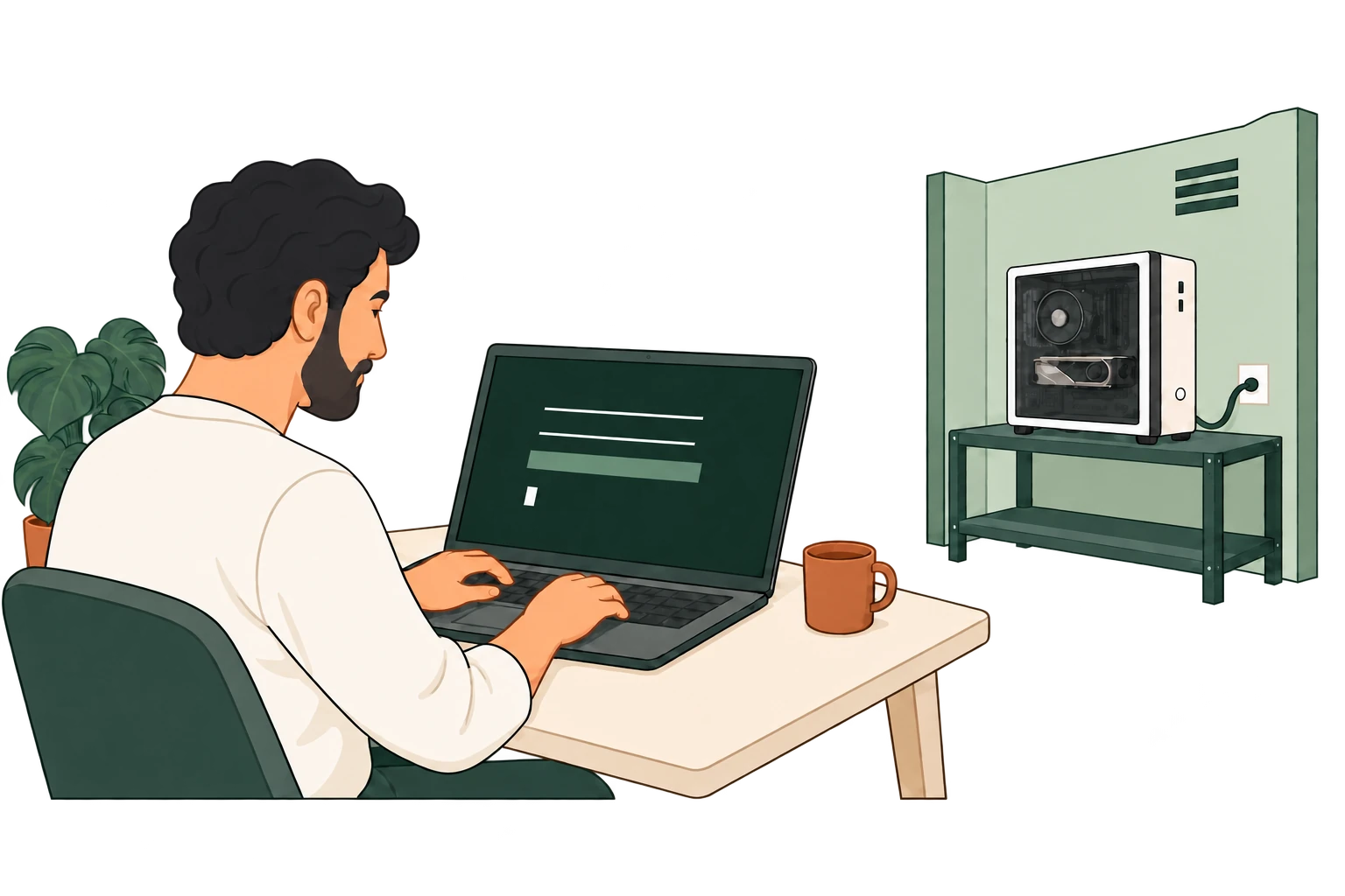 At home, the owner reaches a boot console from his laptop, connected to his workstation in a separate hosting space.